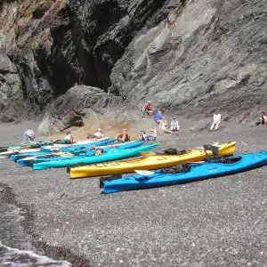 Kayaks laid out on beach