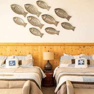 a bedroom with a large bed in a room