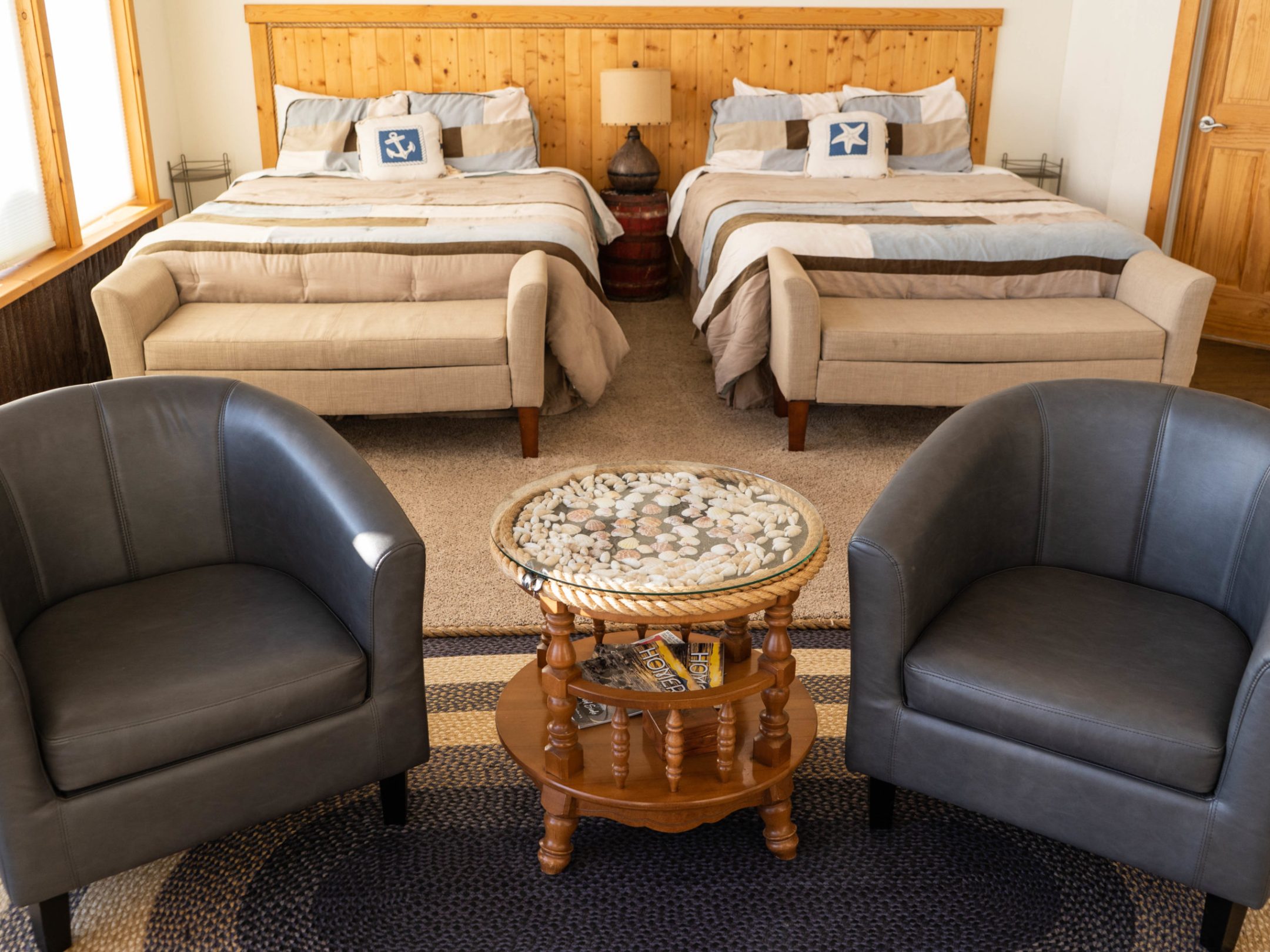 a living room with a leather chair