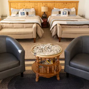 a living room with a leather chair