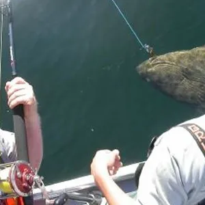 blue whale below two fisherman